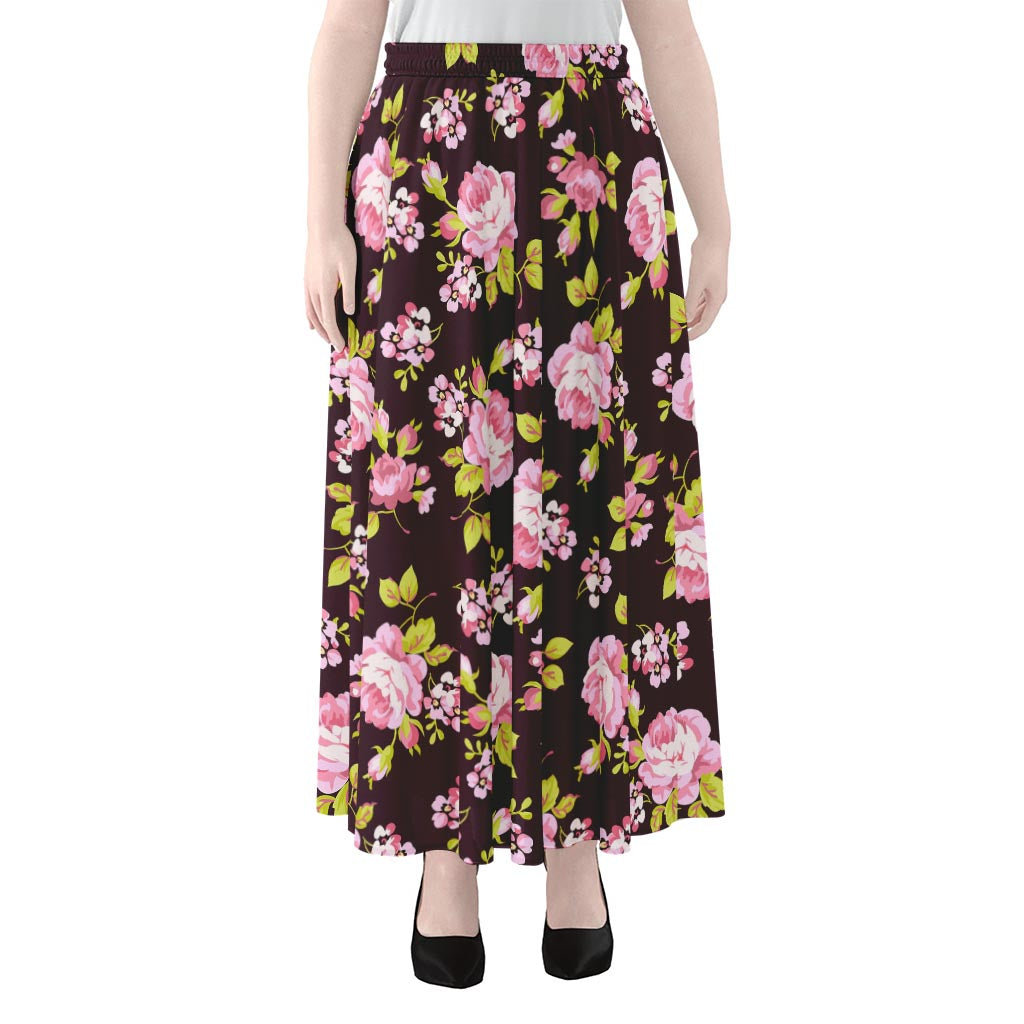 Vintage Pink Rose Floral Pattern Print Chiffon Maxi Skirt