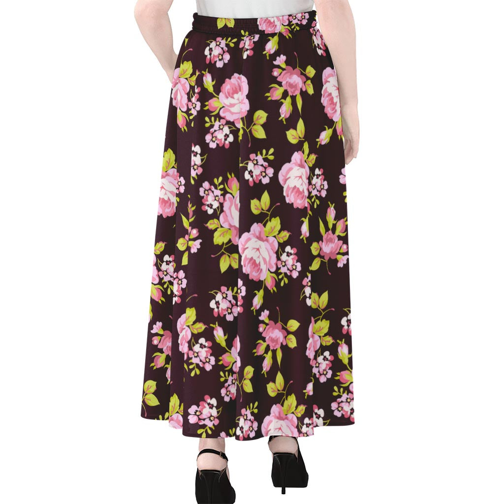 Vintage Pink Rose Floral Pattern Print Chiffon Maxi Skirt