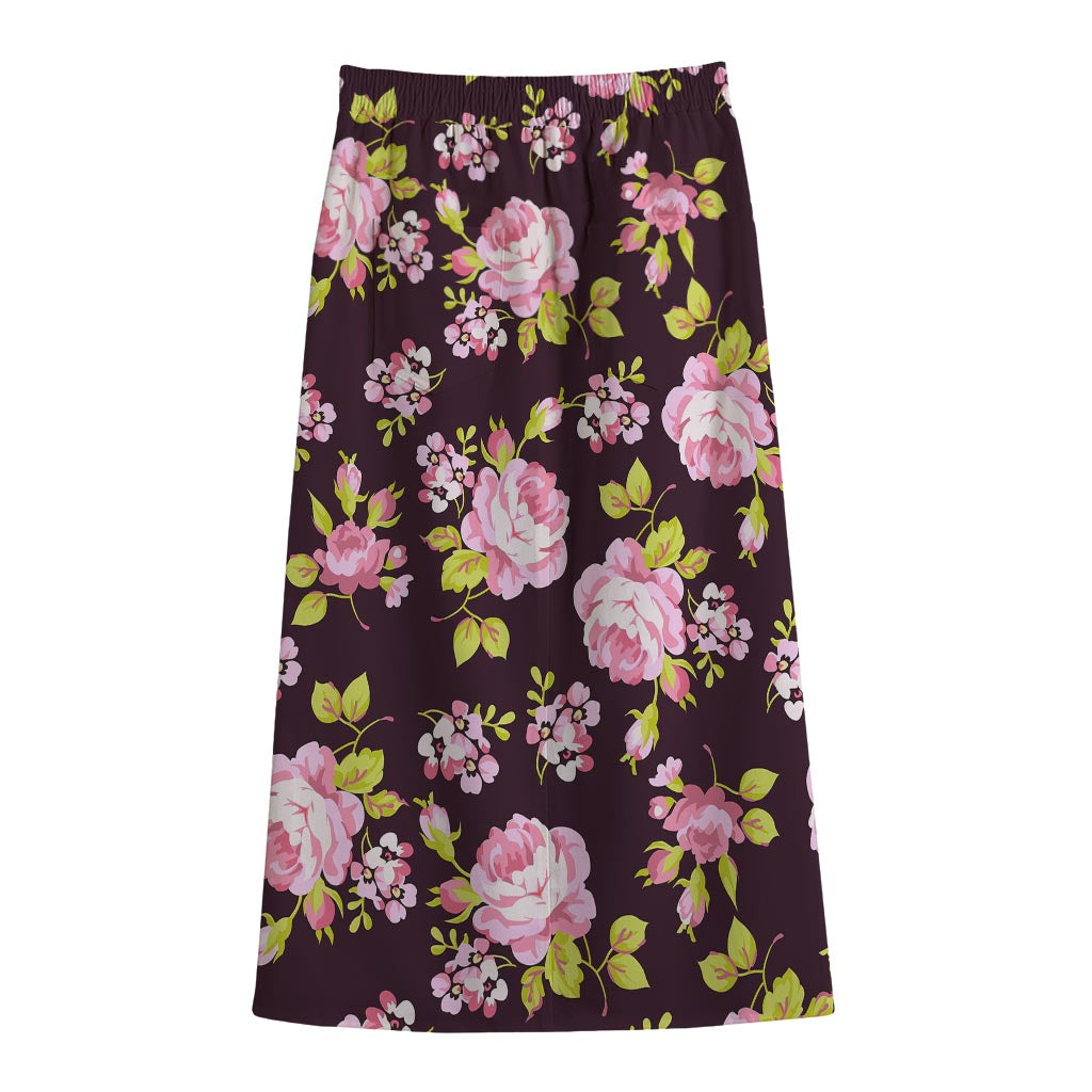 Vintage Pink Rose Floral Pattern Print Cotton Front Slit Maxi Skirt