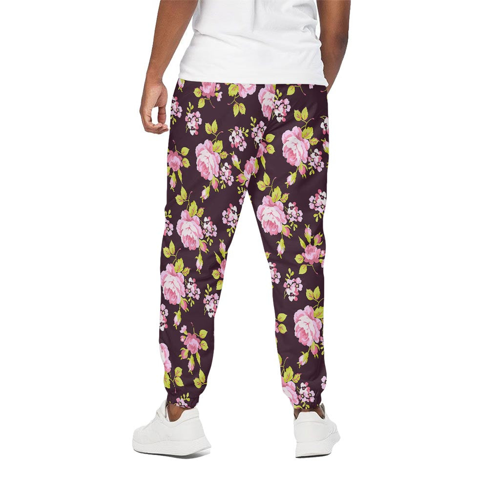 Vintage Pink Rose Floral Pattern Print Cotton Pants