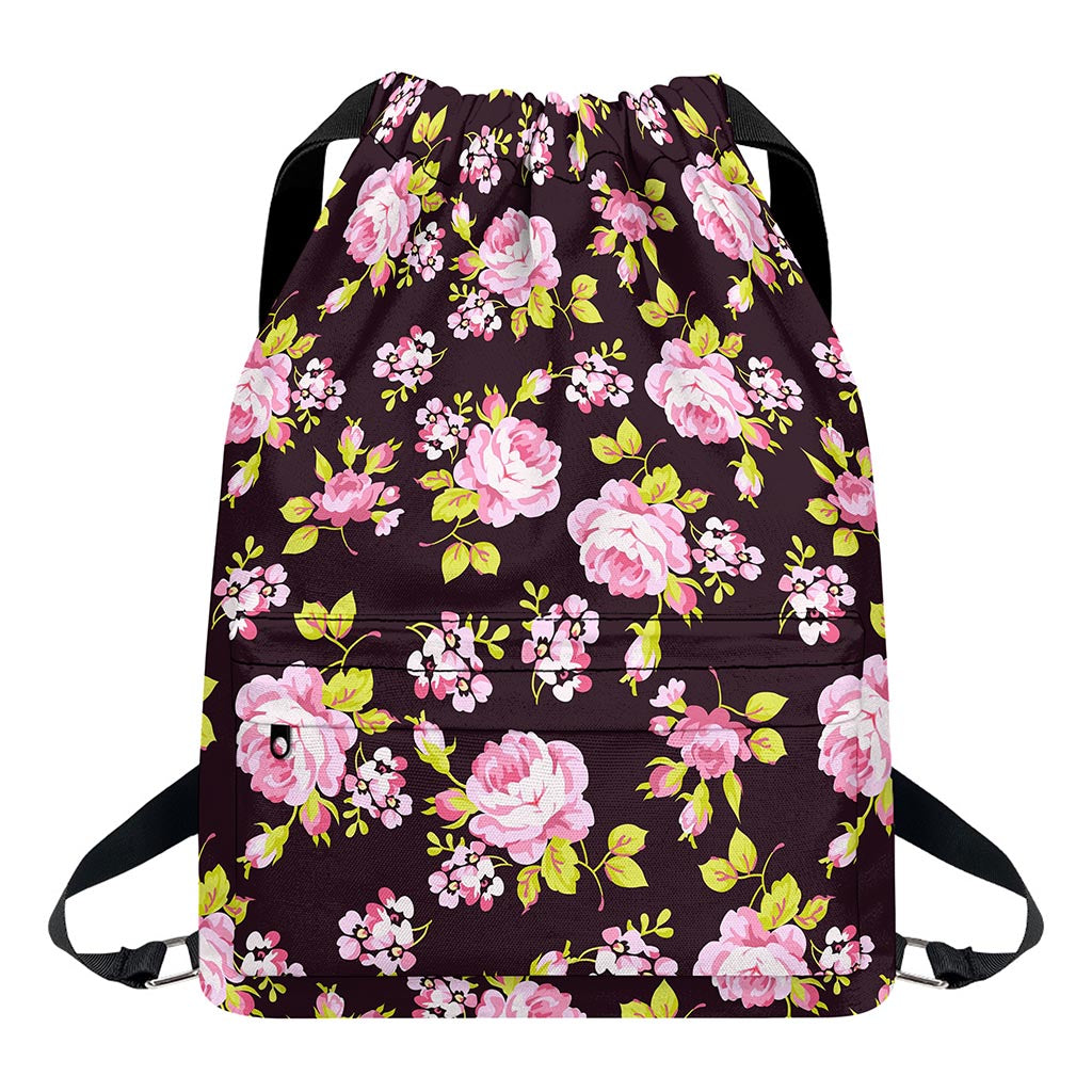 Vintage Pink Rose Floral Pattern Print Drawstring Backpack