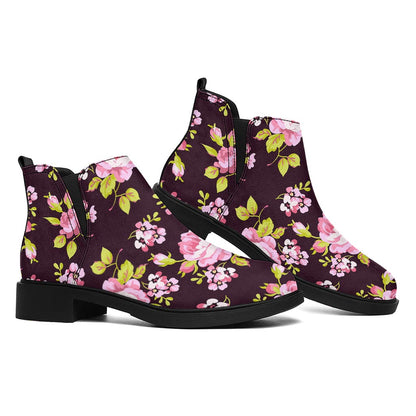 Vintage Pink Rose Floral Pattern Print Flat Ankle Boots