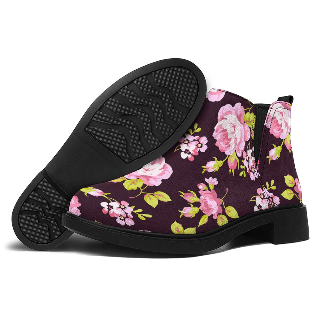 Vintage Pink Rose Floral Pattern Print Flat Ankle Boots