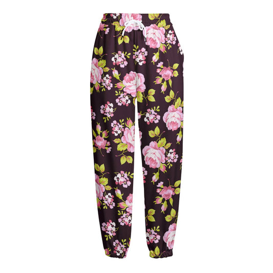 Vintage Pink Rose Floral Pattern Print Fleece Lined Knit Pants
