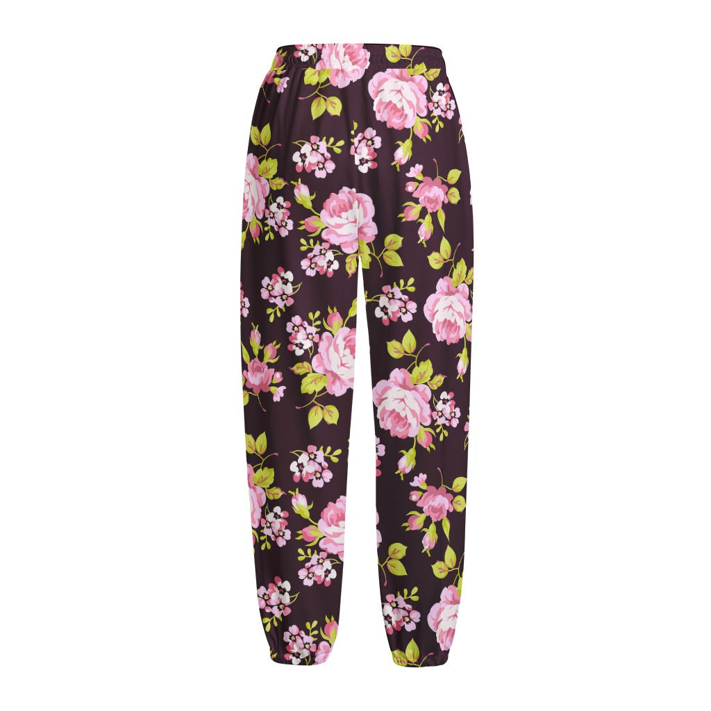 Vintage Pink Rose Floral Pattern Print Fleece Lined Knit Pants