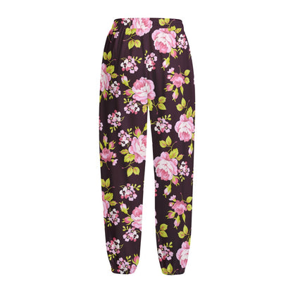 Vintage Pink Rose Floral Pattern Print Fleece Lined Knit Pants