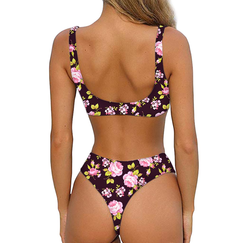 Vintage Pink Rose Floral Pattern Print Front Bow Tie Bikini