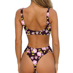 Vintage Pink Rose Floral Pattern Print Front Bow Tie Bikini