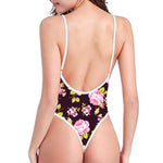Vintage Pink Rose Floral Pattern Print High Cut One Piece Swimsuit