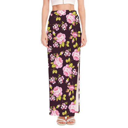 Vintage Pink Rose Floral Pattern Print High Slit Maxi Skirt