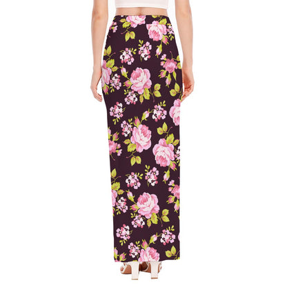 Vintage Pink Rose Floral Pattern Print High Slit Maxi Skirt