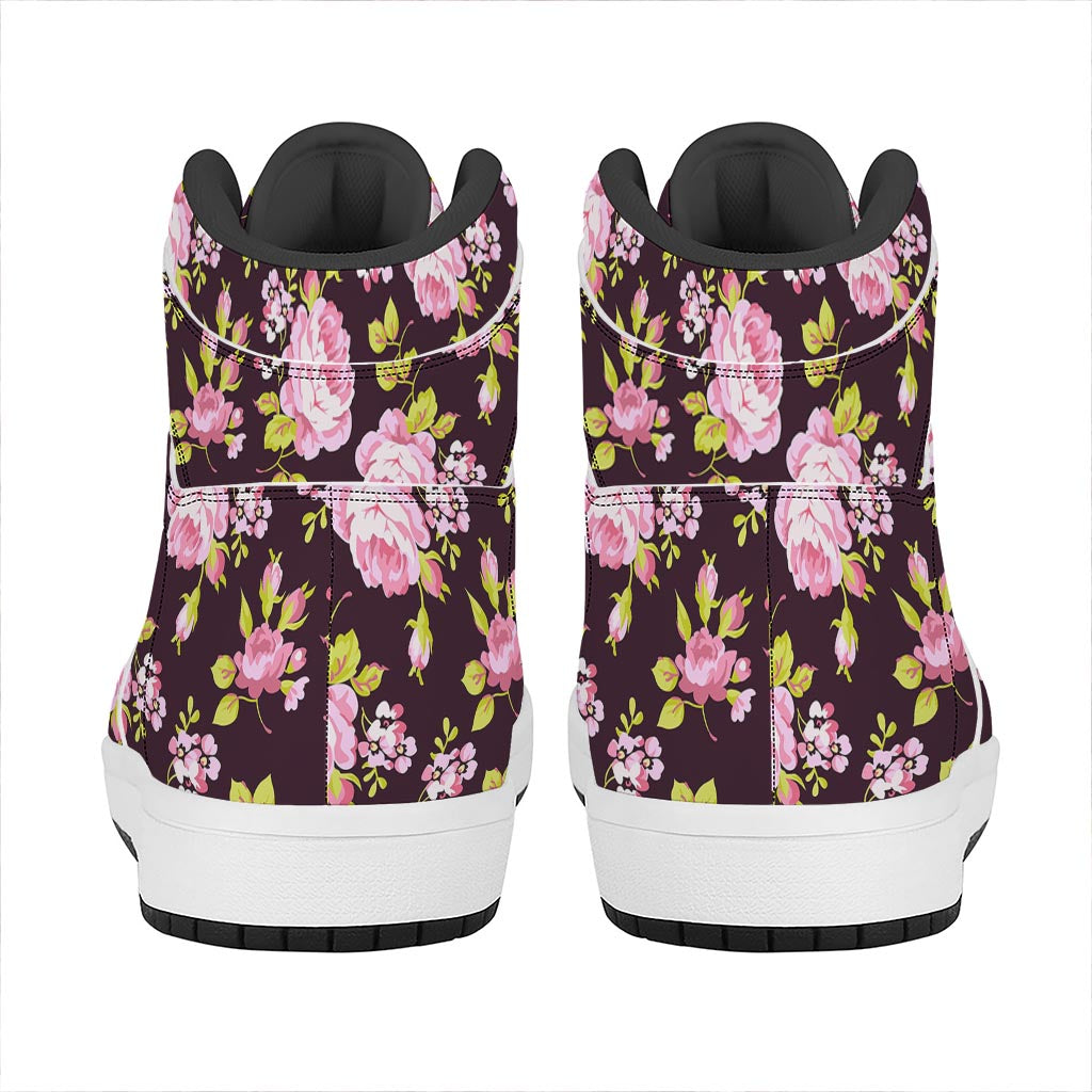 Vintage Pink Rose Floral Pattern Print High Top Leather Sneakers