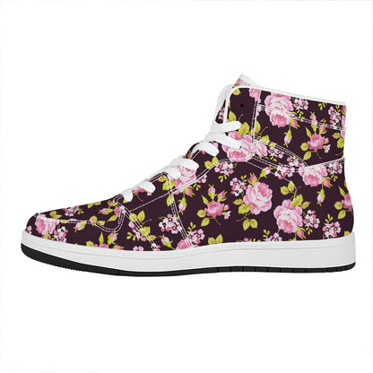 Vintage Pink Rose Floral Pattern Print High Top Leather Sneakers