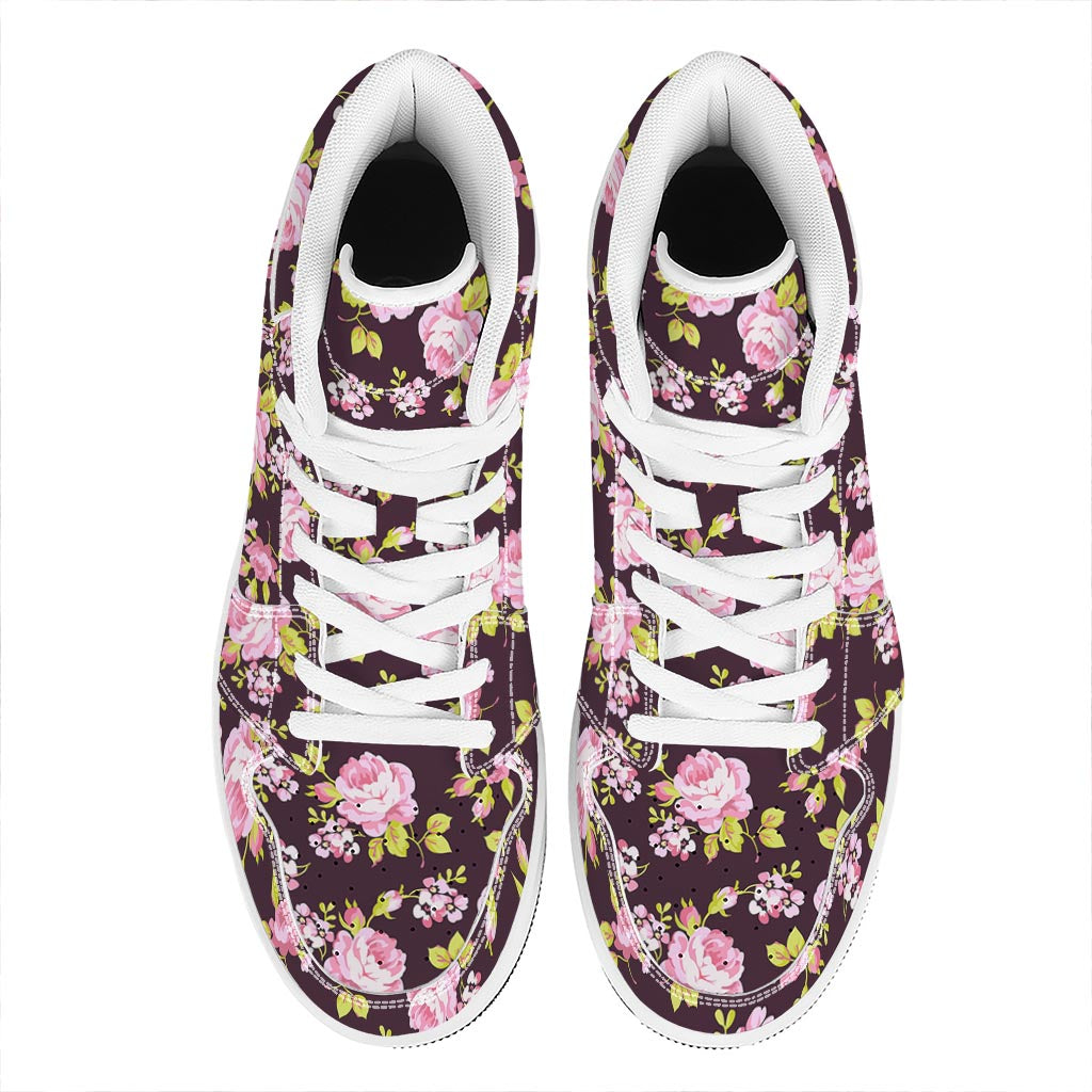 Vintage Pink Rose Floral Pattern Print High Top Leather Sneakers