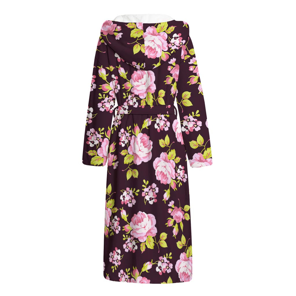 Vintage Pink Rose Floral Pattern Print Hooded Bathrobe