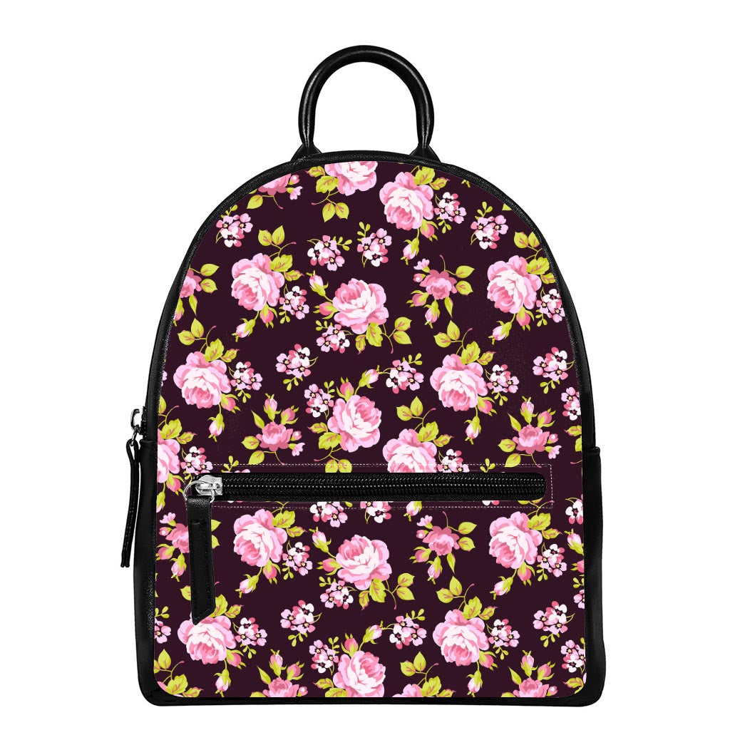 Vintage Pink Rose Floral Pattern Print Leather Backpack