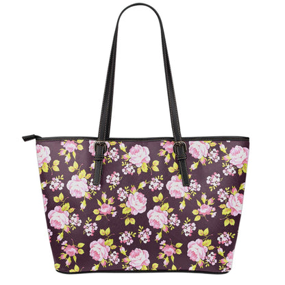 Vintage Pink Rose Floral Pattern Print Leather Tote Bag