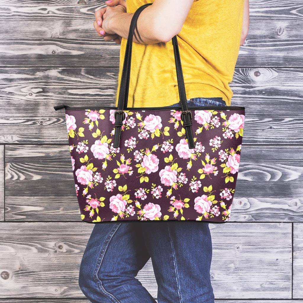 Vintage Pink Rose Floral Pattern Print Leather Tote Bag