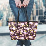 Vintage Pink Rose Floral Pattern Print Leather Tote Bag