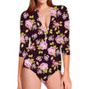 Vintage Pink Rose Floral Pattern Print Long Sleeve Swimsuit