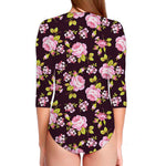 Vintage Pink Rose Floral Pattern Print Long Sleeve Swimsuit