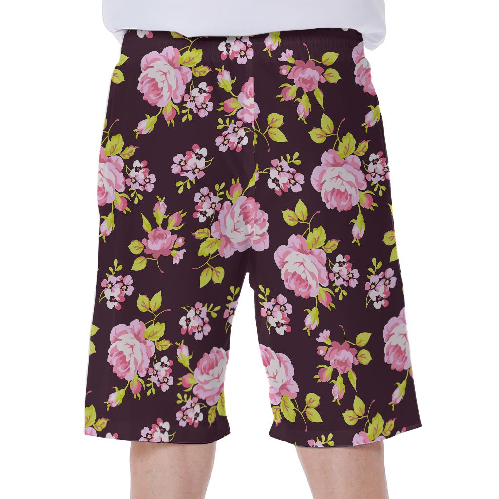 Vintage Pink Rose Floral Pattern Print Men's Beach Shorts