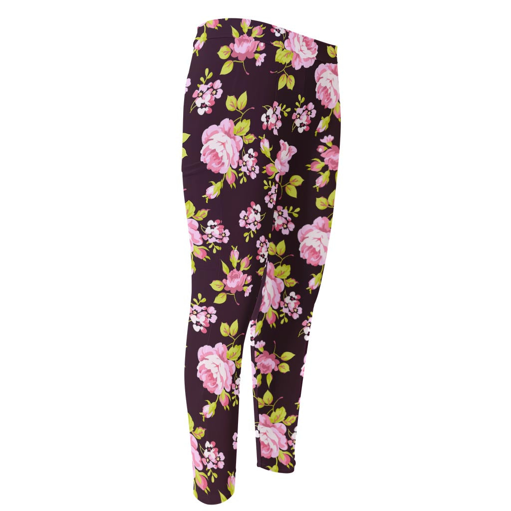 Vintage Pink Rose Floral Pattern Print Men's Compression Pants