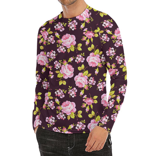 Vintage Pink Rose Floral Pattern Print Men's Long Sleeve Rash Guard