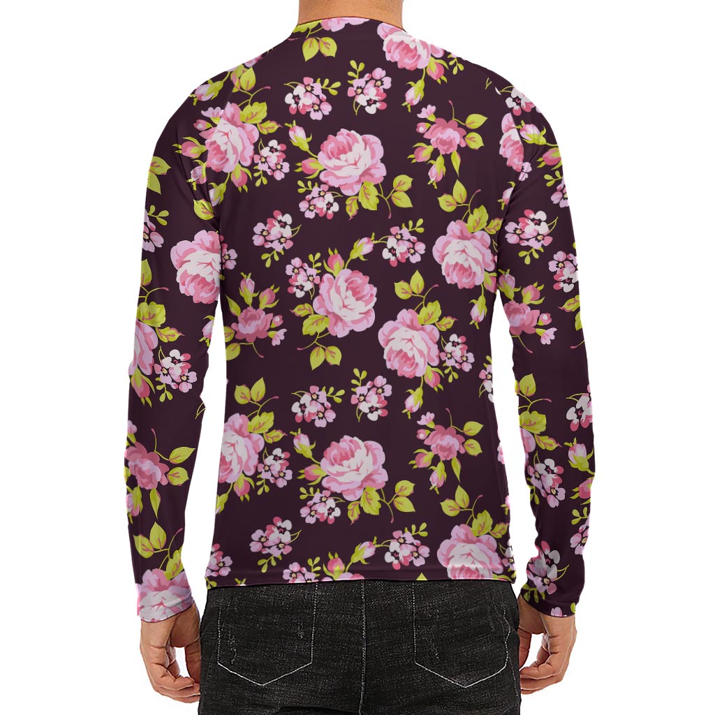 Vintage Pink Rose Floral Pattern Print Men's Long Sleeve Rash Guard