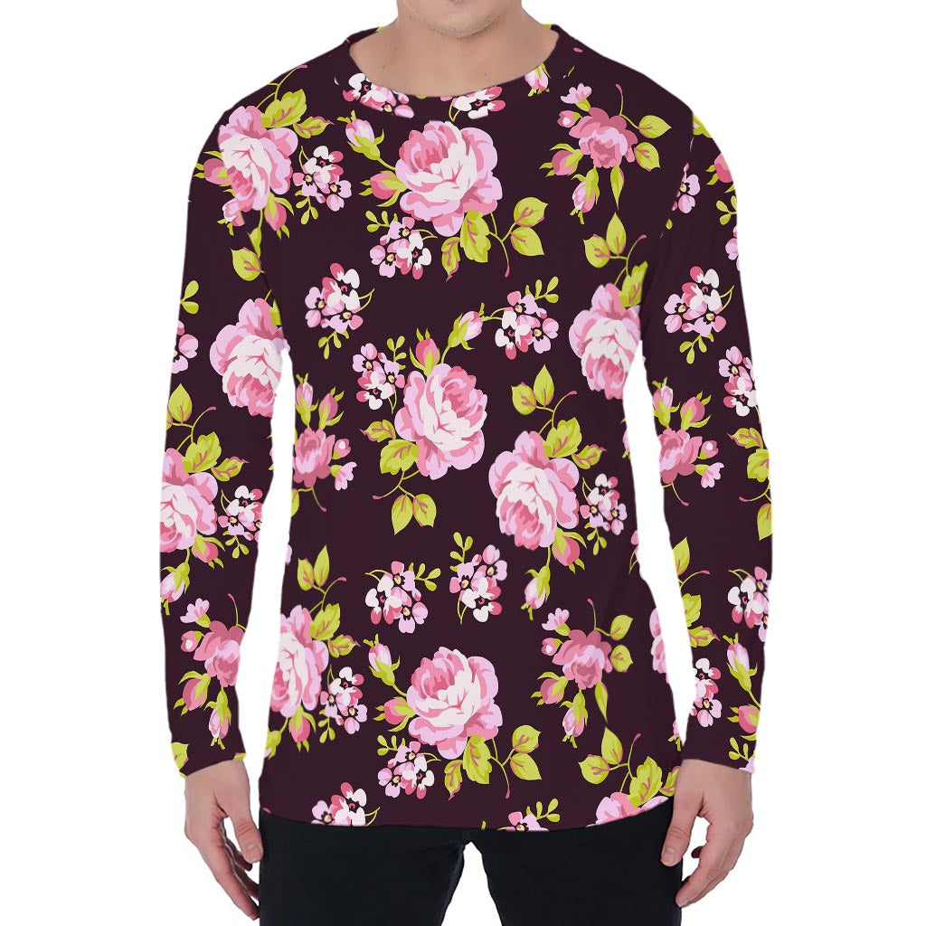 Vintage Pink Rose Floral Pattern Print Men's Long Sleeve T-Shirt