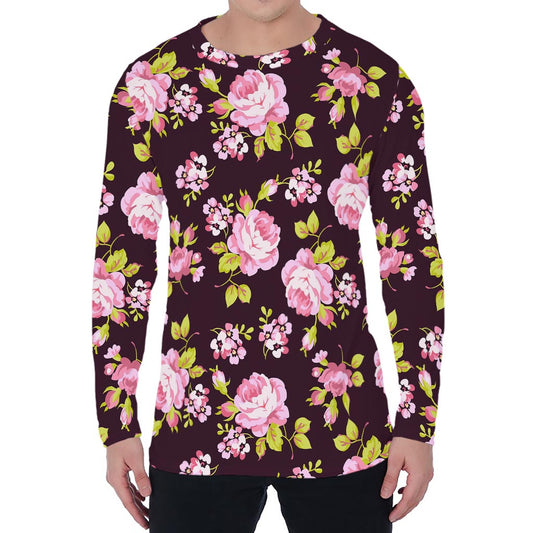 Vintage Pink Rose Floral Pattern Print Men's Long Sleeve T-Shirt