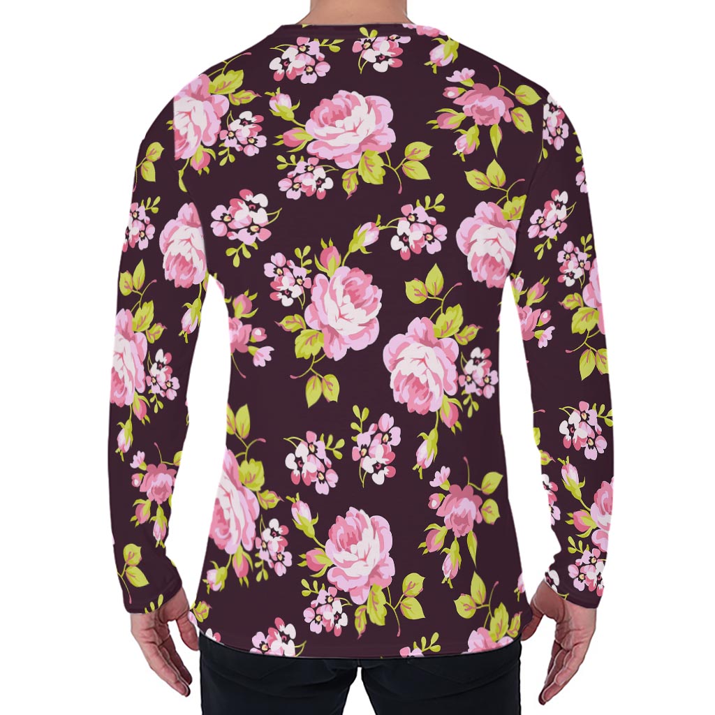 Vintage Pink Rose Floral Pattern Print Men's Long Sleeve T-Shirt