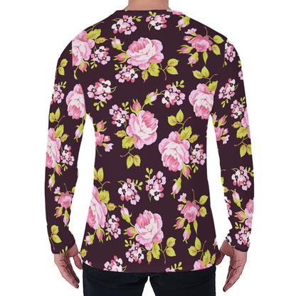 Vintage Pink Rose Floral Pattern Print Men's Long Sleeve T-Shirt