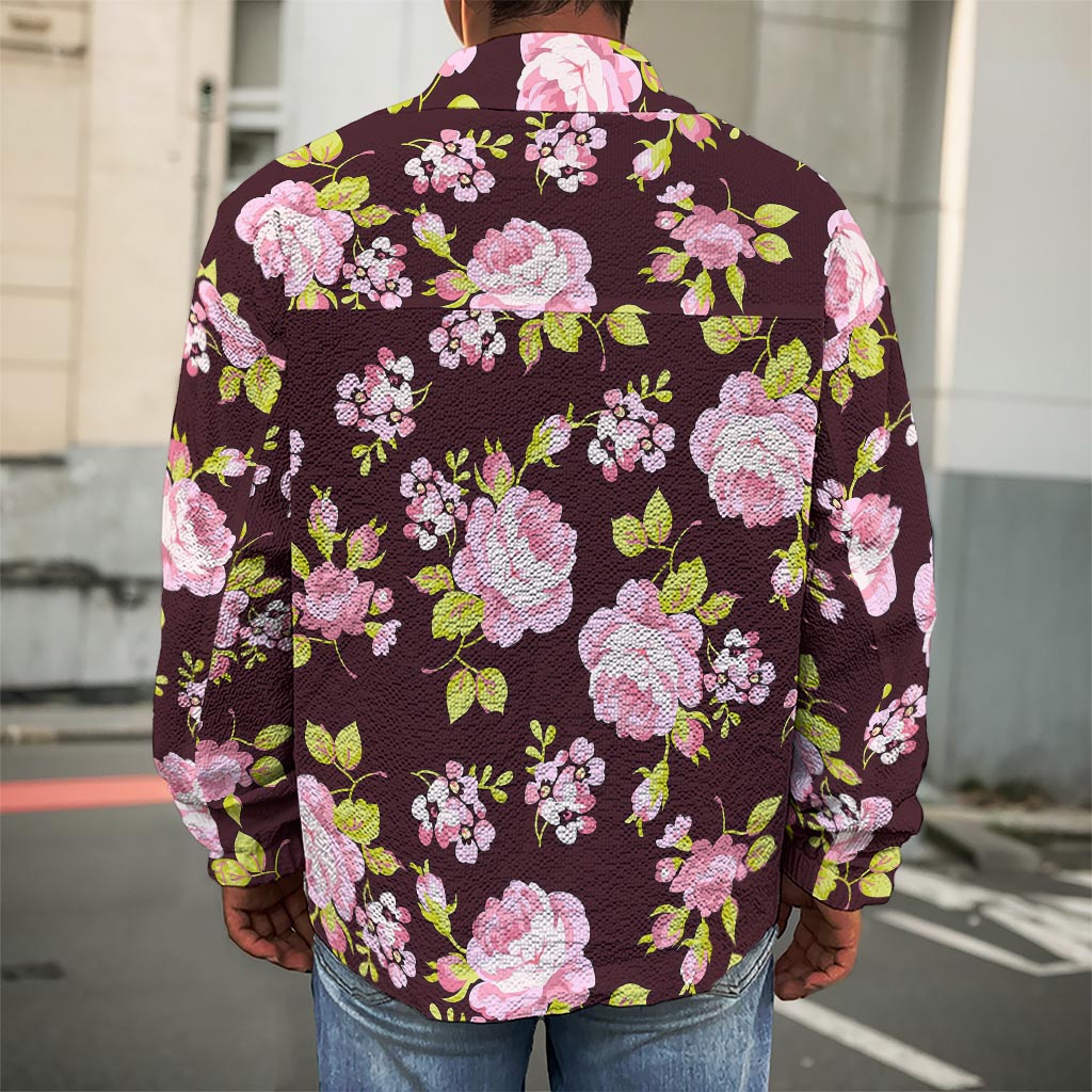 Vintage Pink Rose Floral Pattern Print Men's Shirt Jacket