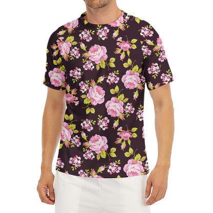 Vintage Pink Rose Floral Pattern Print Men's Short Sleeve Rash Guard