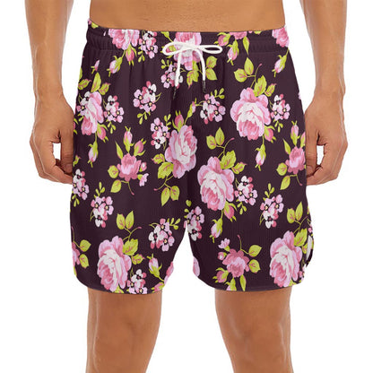 Vintage Pink Rose Floral Pattern Print Men's Split Running Shorts