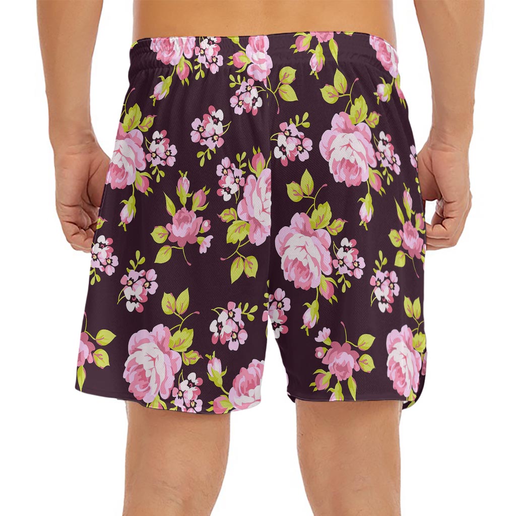 Vintage Pink Rose Floral Pattern Print Men's Split Running Shorts