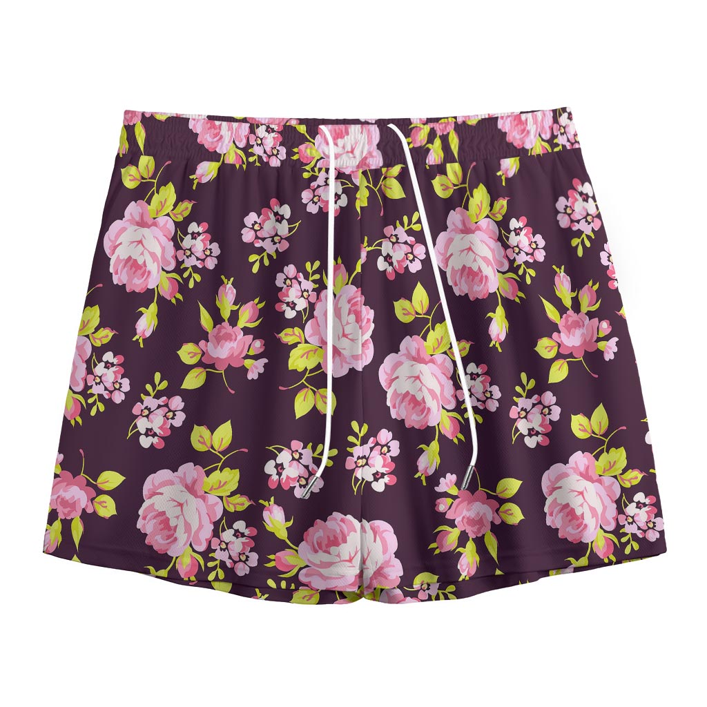 Vintage Pink Rose Floral Pattern Print Mesh Shorts