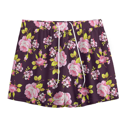 Vintage Pink Rose Floral Pattern Print Mesh Shorts