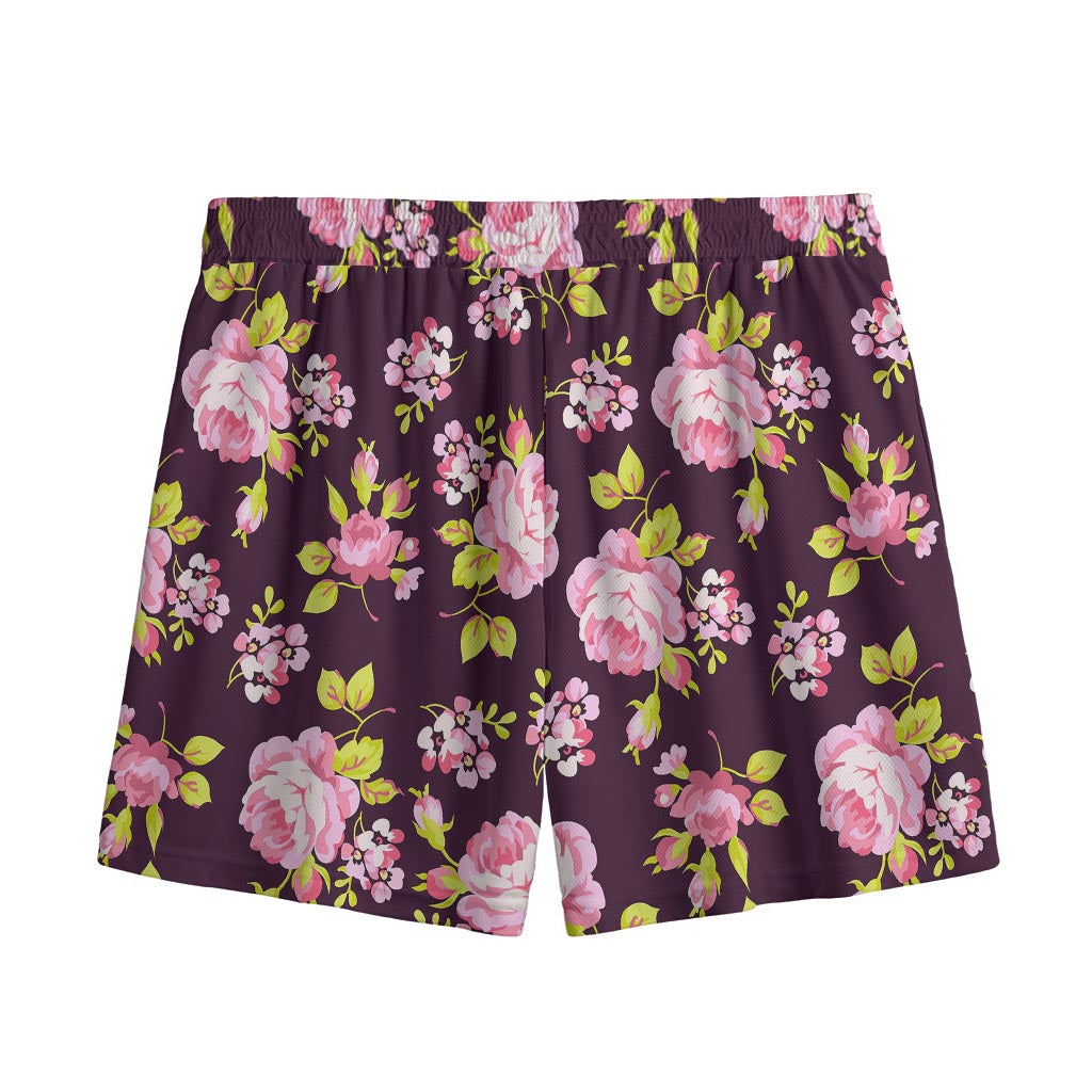 Vintage Pink Rose Floral Pattern Print Mesh Shorts