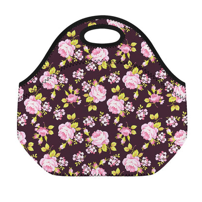 Vintage Pink Rose Floral Pattern Print Neoprene Lunch Bag