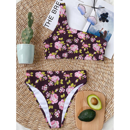 Vintage Pink Rose Floral Pattern Print One Shoulder Bikini Top