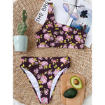 Vintage Pink Rose Floral Pattern Print One Shoulder Bikini Top