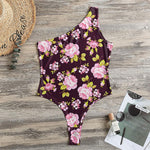 Vintage Pink Rose Floral Pattern Print One Shoulder Bodysuit