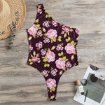 Vintage Pink Rose Floral Pattern Print One Shoulder Bodysuit
