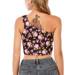 Vintage Pink Rose Floral Pattern Print One Shoulder Crop Top