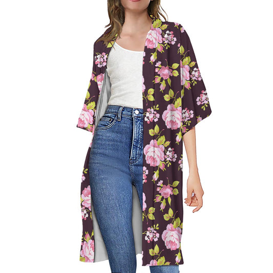 Vintage Pink Rose Floral Pattern Print Open Front Beach Cover Up