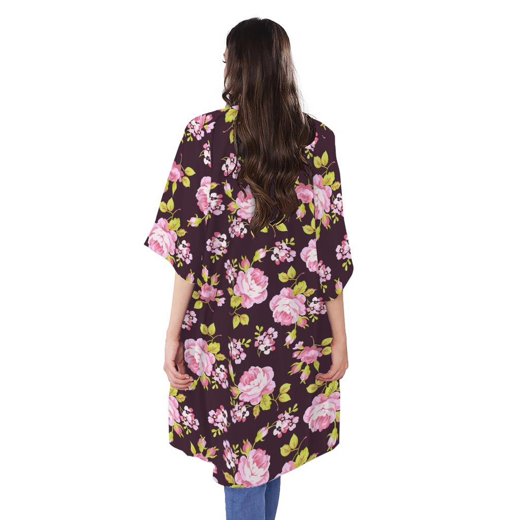Vintage Pink Rose Floral Pattern Print Open Front Beach Cover Up