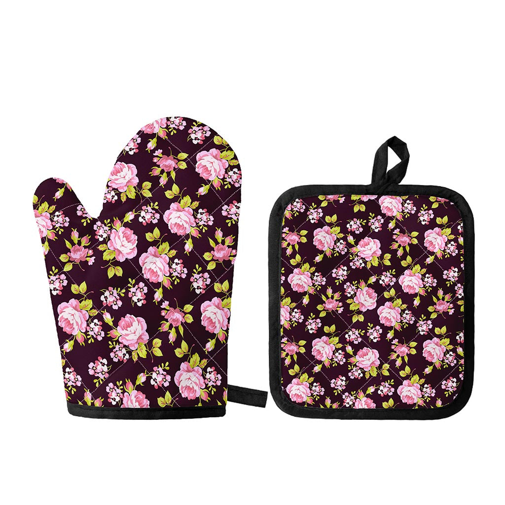 Vintage Pink Rose Floral Pattern Print Oven Mitt And Pot Holder Set