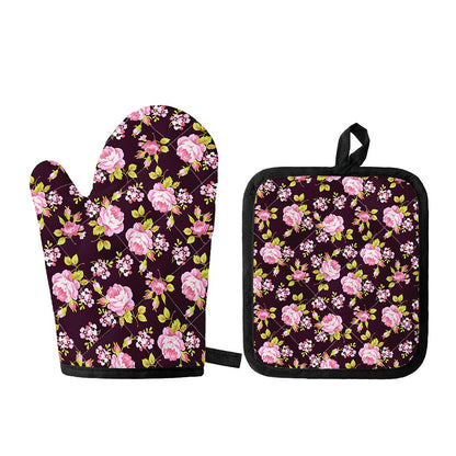 Vintage Pink Rose Floral Pattern Print Oven Mitt And Pot Holder Set